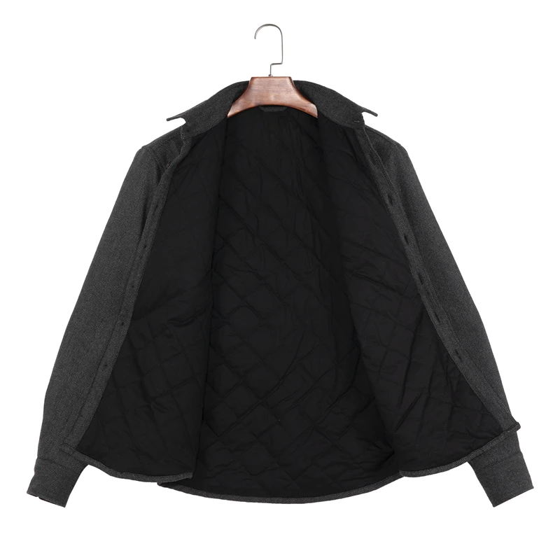 Quilted satin lining body convenient side hand warmer pockets men winter custom wool jacket