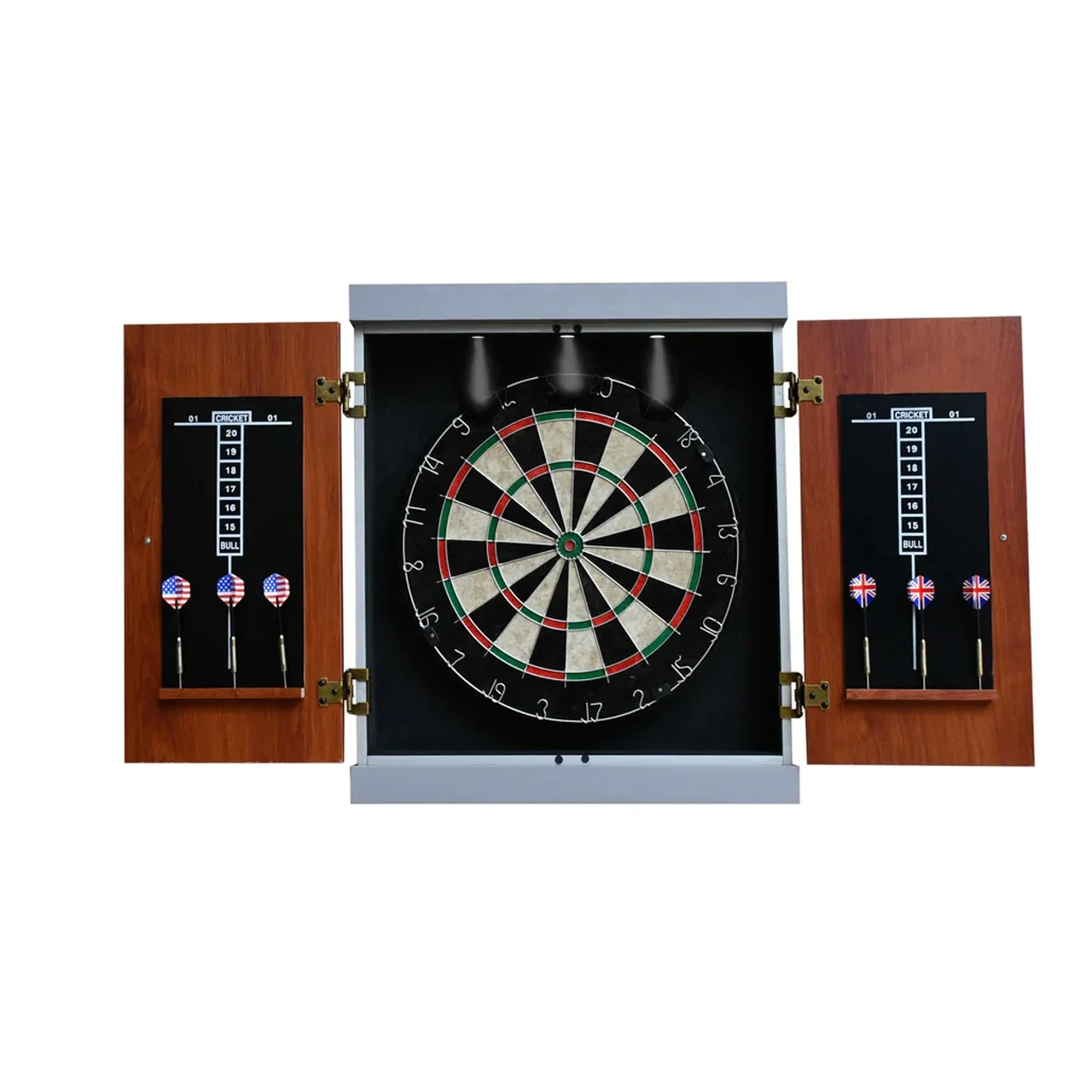 Wooden dartboard cabinet with darts