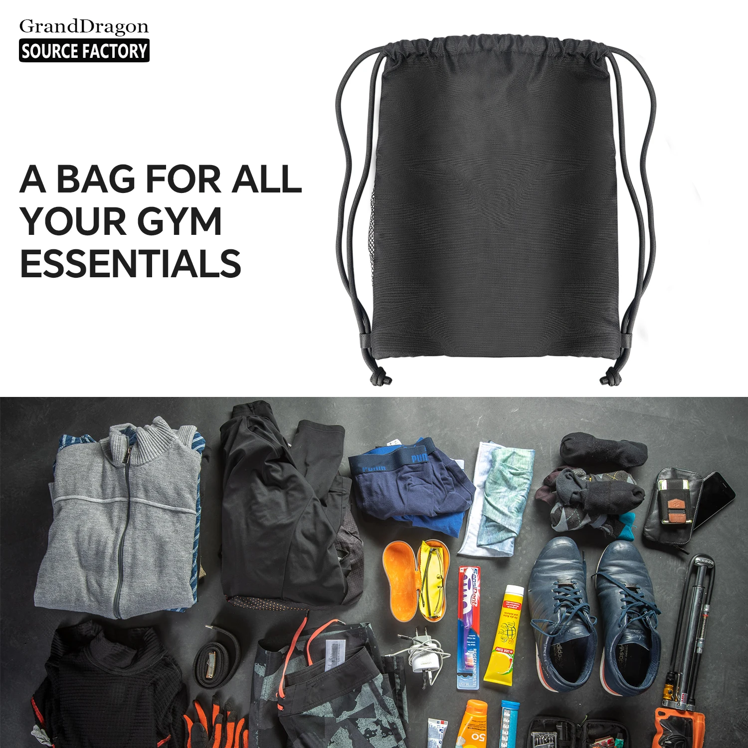 Durable Factory Price Custom Promotional Large Capacity drawstring Nylon Sports Backpack Bag for exercise clothes shoes