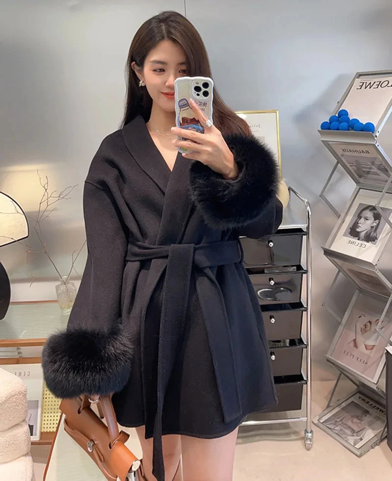 Plus Size Women Oversized Wool Coat With Real Fox Fur Cuff Long Sleeve Loose Wool blended Jacket With Belt Female Outwear