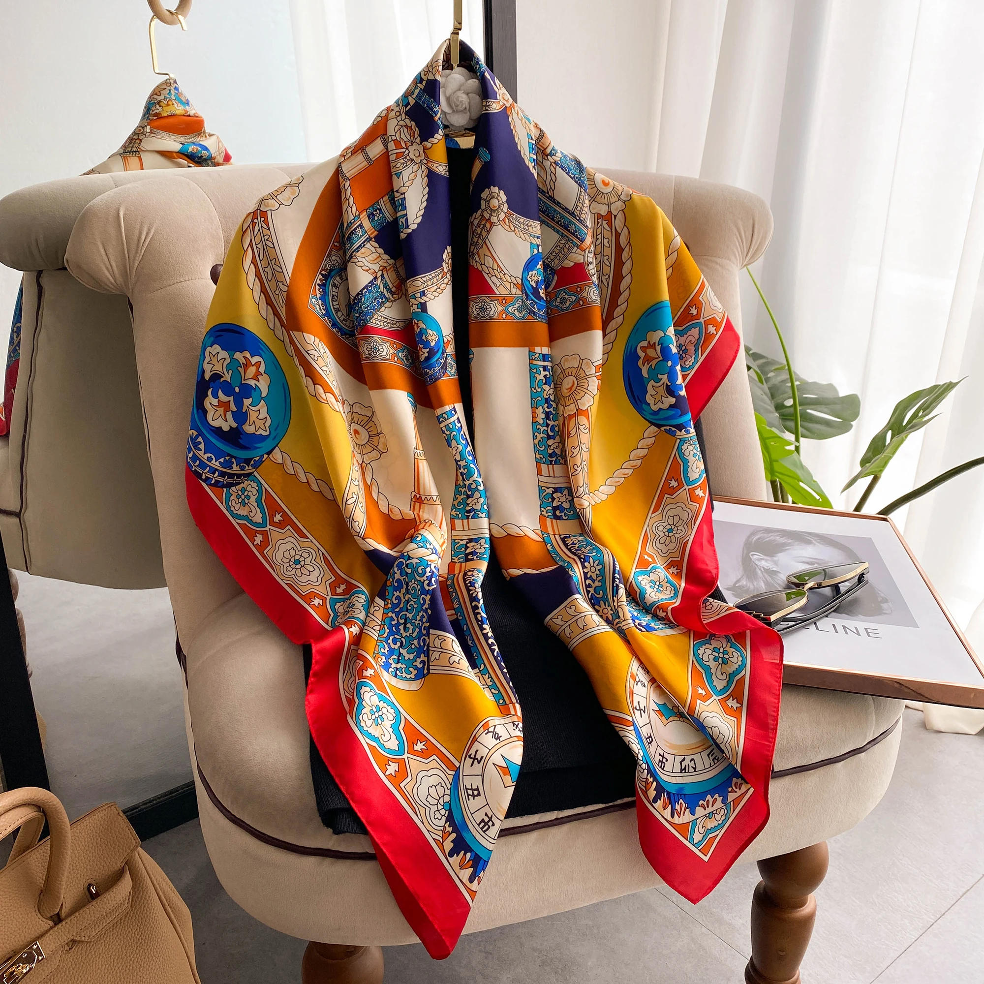 wholesale summer New  square silk scarf versatile printing decoration sunscreen 110cm silk scarf  shawls for women