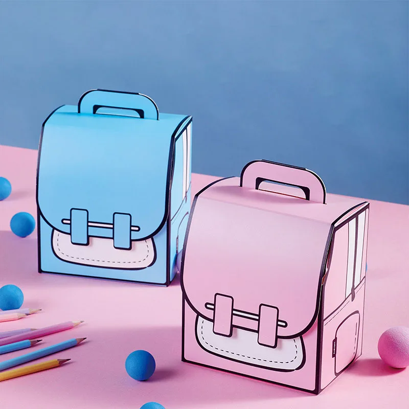 In Stock Blue Pink Schoolbag Shape Cartoon Printed Paper Birthday kids Gift Boxes Cardboard Candy Snack Sweet Packaging Box