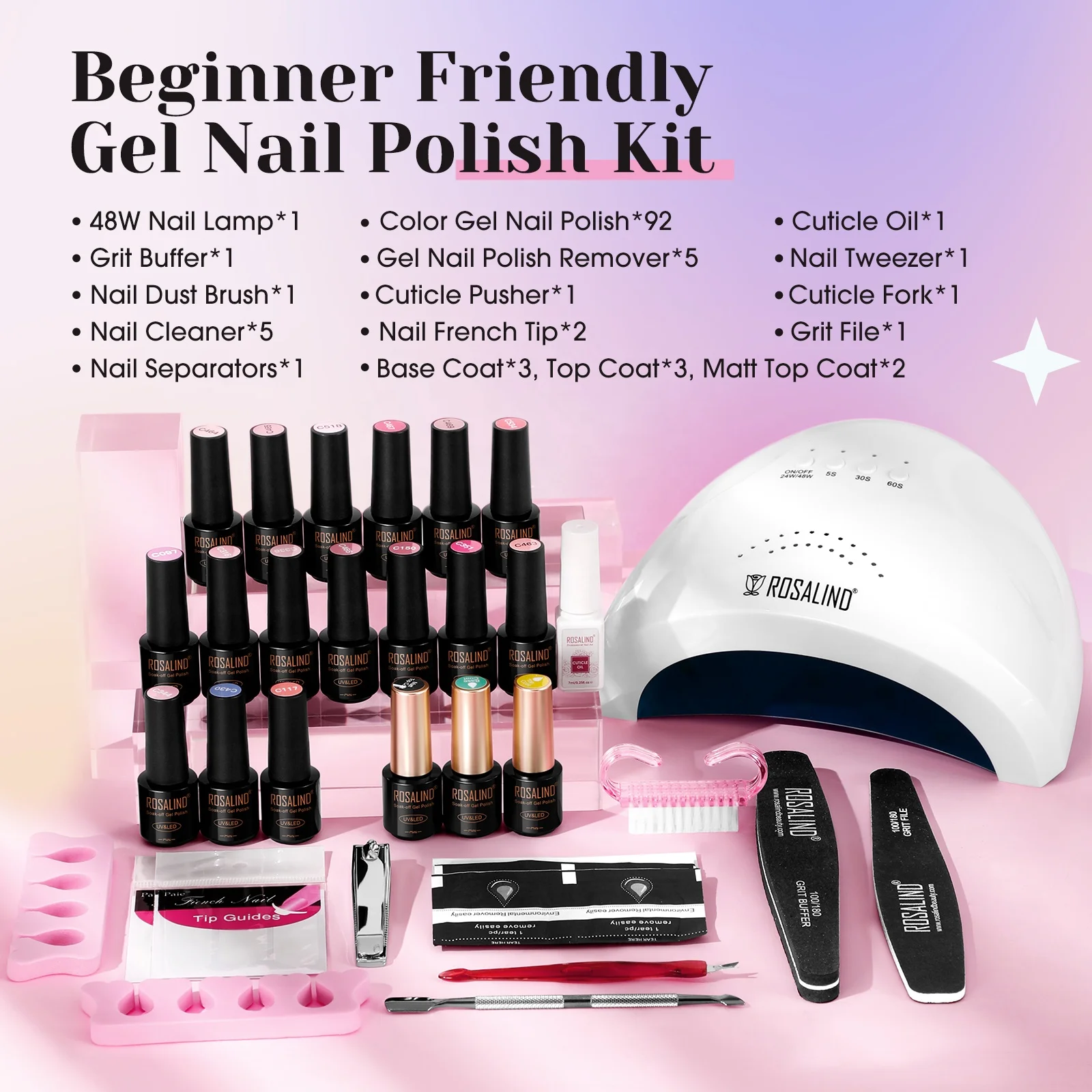 ROSALIND Private Label Nail Art Kits Professional Set Box OEM Large 100 Colors Uv Lamp Gel Nail Polish Set With Manicure Tools