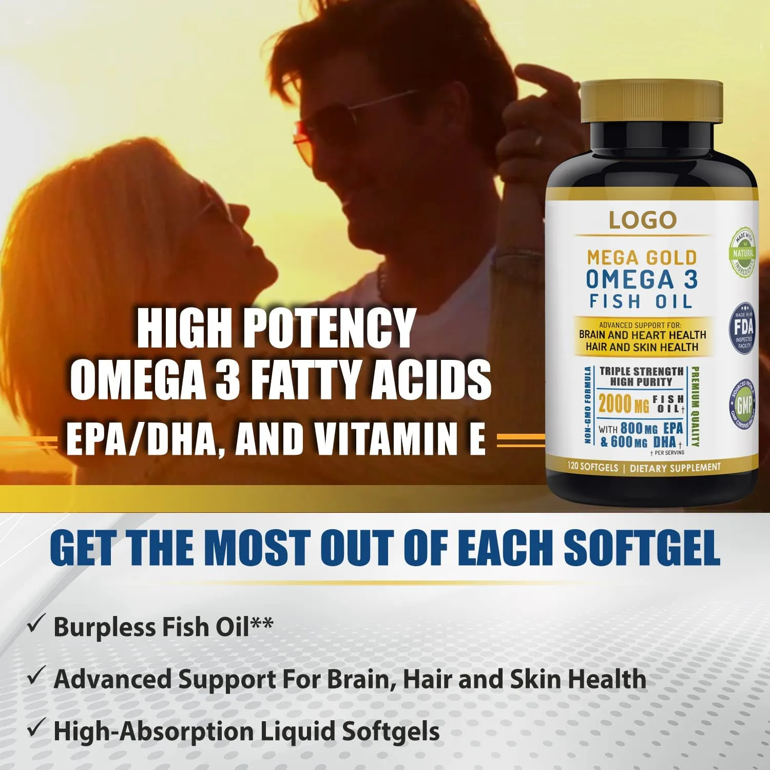 Omega 3 Max Strength Fish Oil Supplement with Vitamin E, 800 mg EPA 600 mg DHA Ultimate Brain, Hair Support Men & Women