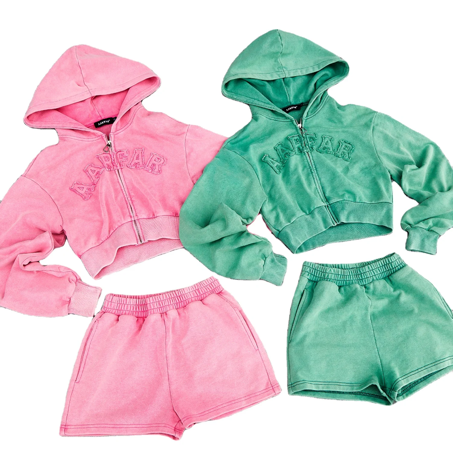 Custom Women Tracksuits Cotton Acid Wash Distressed Sweater Jogger Set Women Zipper Two Piece Hoodie And Shorts Set