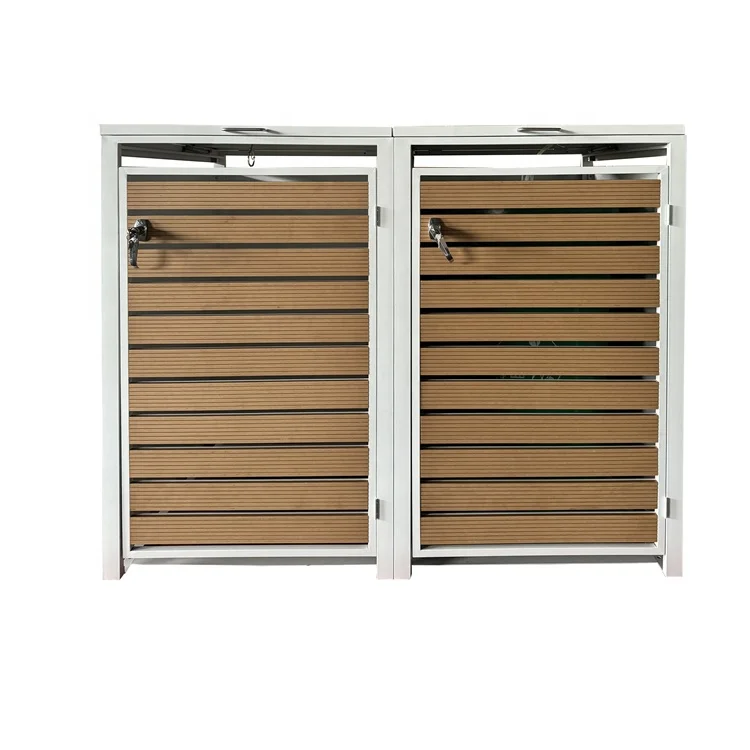 Wood Grain Door Metal Trash Can Shelter Cabinet Galvanized Steel Wheelie Bin Shed Box with Folding Lid