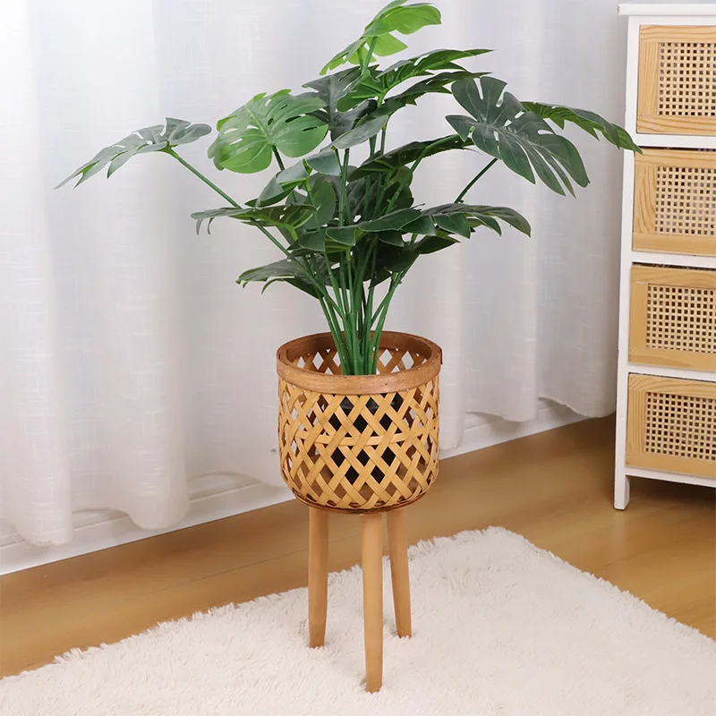 Hot deal natural bamboo baskets with stand wood legs woven bamboo planter pot with legs