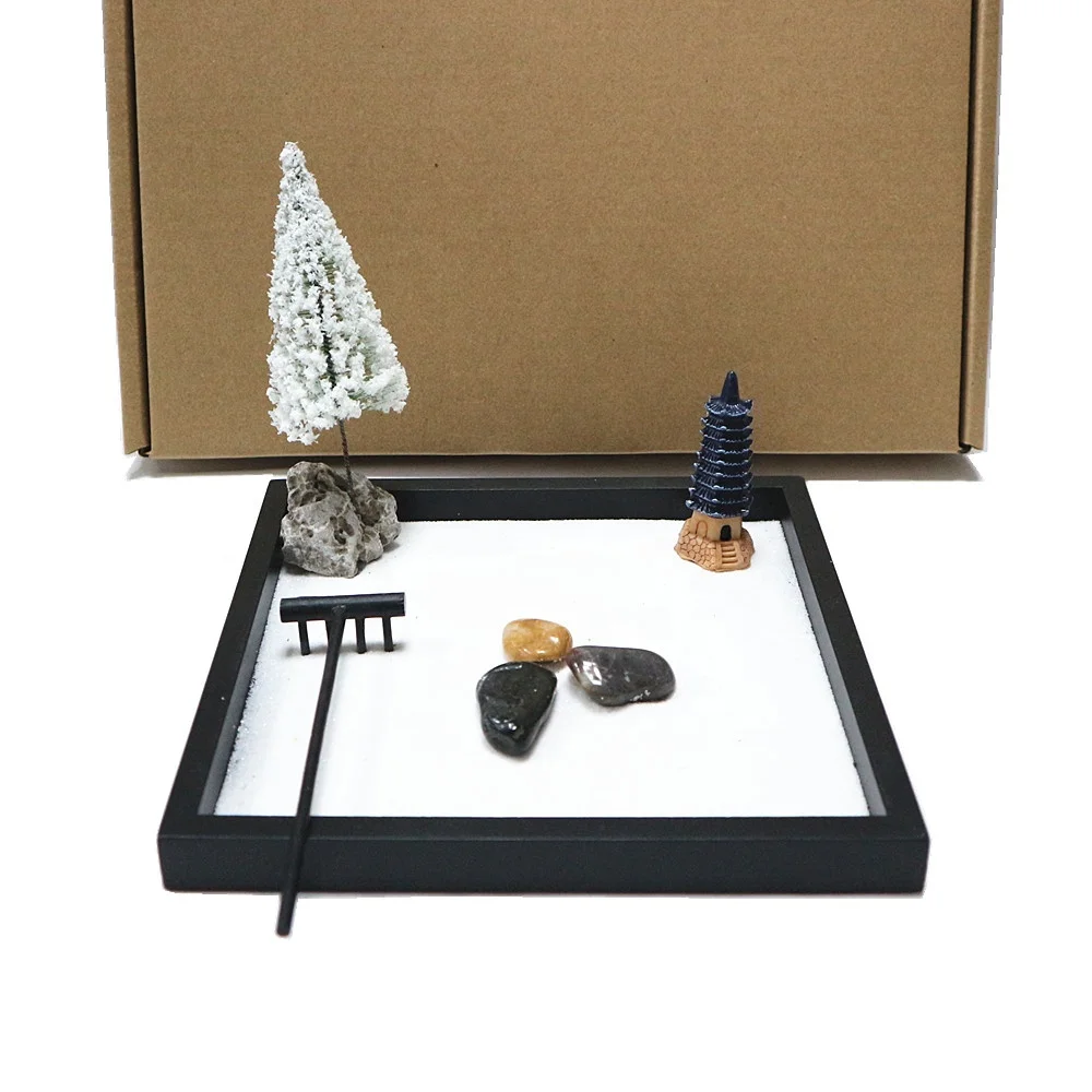 Premium Japanese Mini Zen Garden Kit for Desk Luxury Home Decor Rock Garden with Rake for Room Use or Art