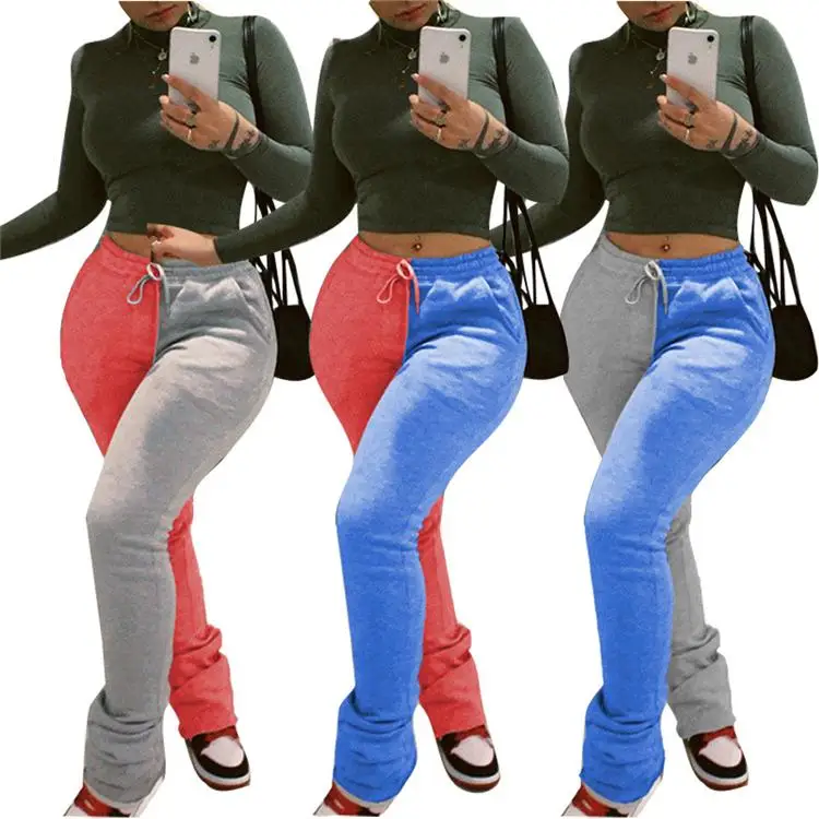 
Solid Color Stitching Leisure Sports Women Stacked Sweat Pants Drawstring Thick Womens Stacked Pants 