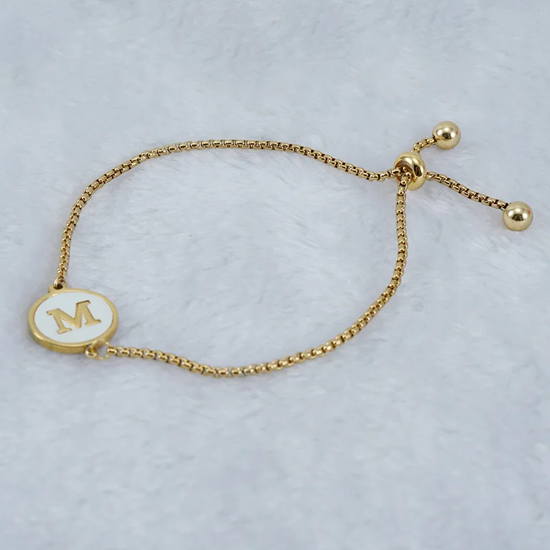 Letter A To Z Jewellery Stainless Steel Round Shell Initials Bracelet Alphabet Adjustable Bead Chain Charm Bracelets For Women