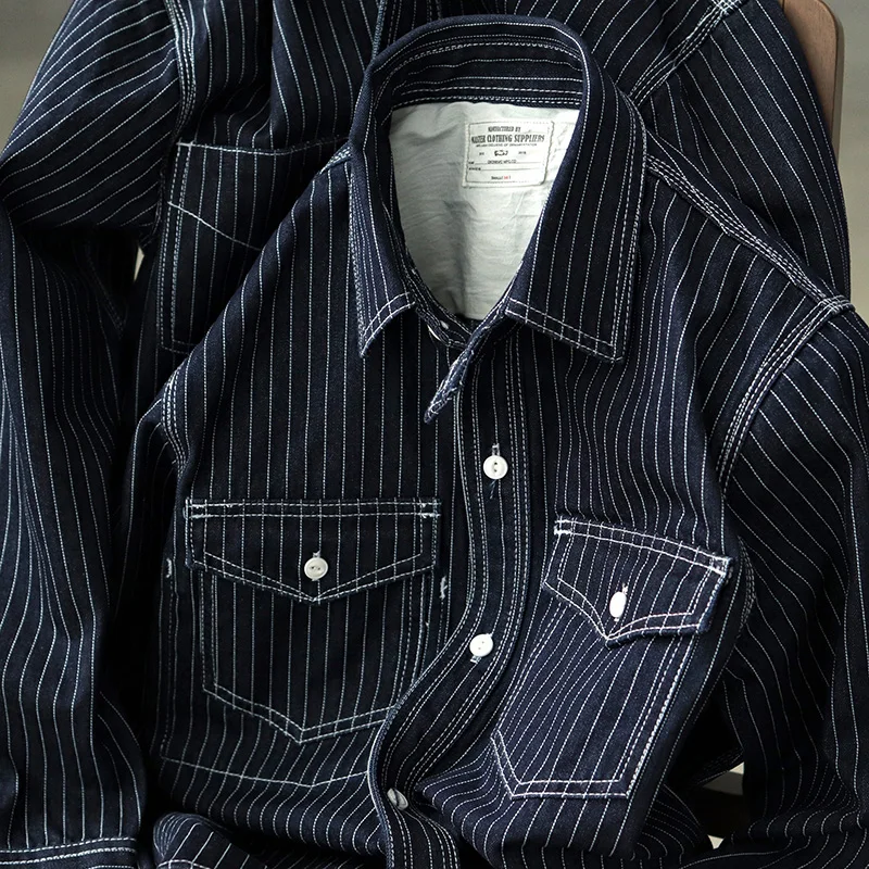 Мужская 100% хлопковая Плотная джинсовая куртка с длинным рукавом в полоску рабочая рубашка Повседневная Осенняя одежда неровными карманами стиле Ami