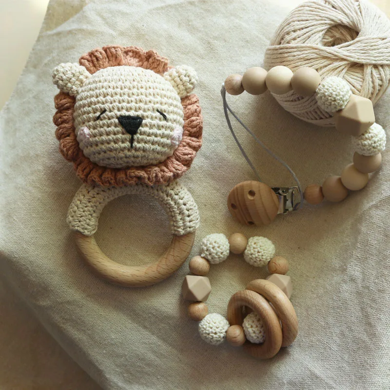 Amazon Diy Wooden Beads Lion Animal Rattle Set Crochet Toys Baby Teething Shower Baby Gift