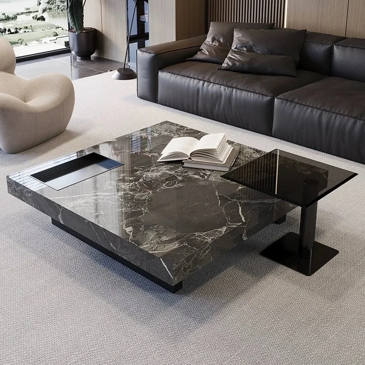 Luxury Modern Block Square Rectangle Living Room Center Black Tea Coffes Table Marble Sintered Stone Coffee Table For Home