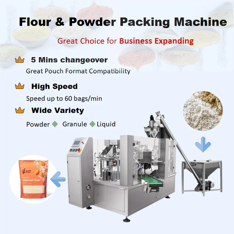 High Speed Automatic 1Kg 2Kg Cassava Corn 50g 100g 500g Wheat Flour Food Powder Ziplock Bag Stand Up Pouch Packing Machine