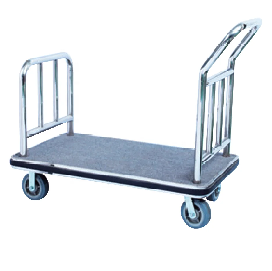 C014 Hotel Platform Stainless Steel Lobby Luggage Bellman Trolley Golden Baggage Hand Truck Cart with Red Carpet