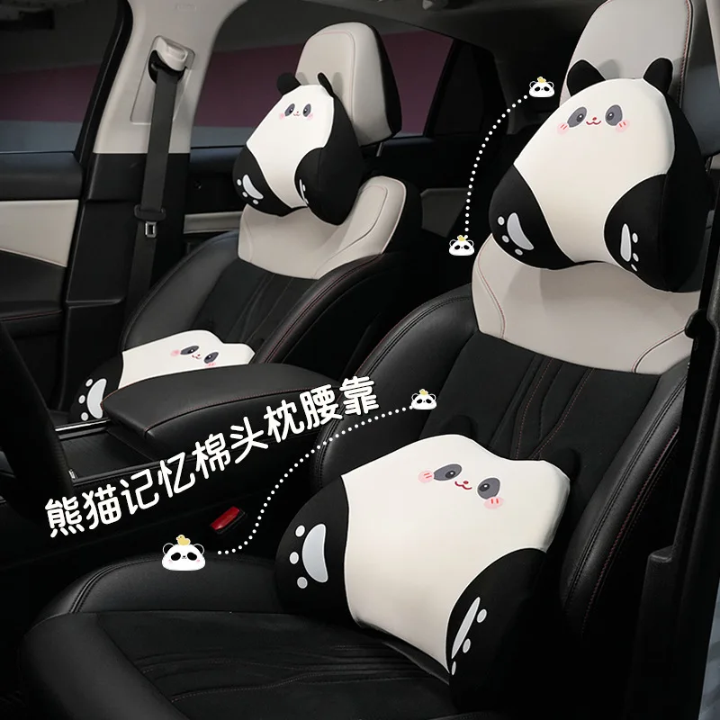 Memory foam panda car headrest lumbar support summer ice silk car cushion four seasons universal comfort car neck pillow