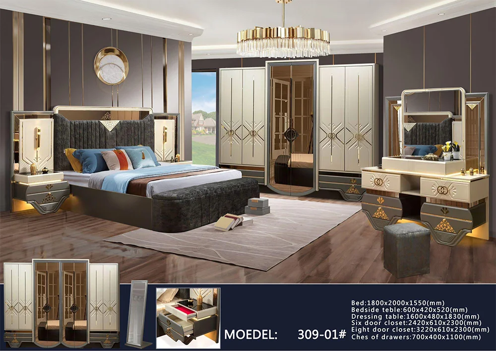 New Modern Wooden King Size Double Leather Bed Room Set  Luxury  6 Doors Large Wardrobe  Mdf Panel Full Furniture Bedroom Set