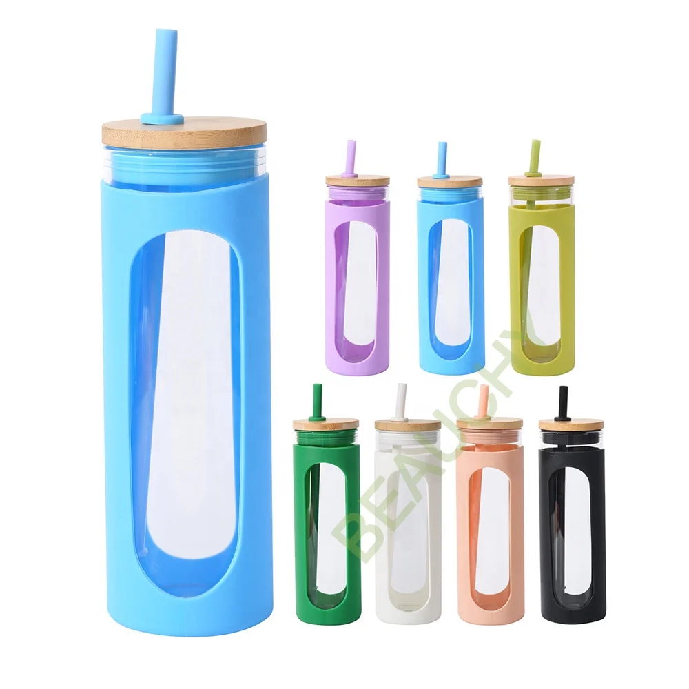 2024 Top Seller BPA Free 20oz Silicone Protective Sleeve Custom Cup Drink Glass Bottle Glass Water Tumbler With Bamboo Lid Straw