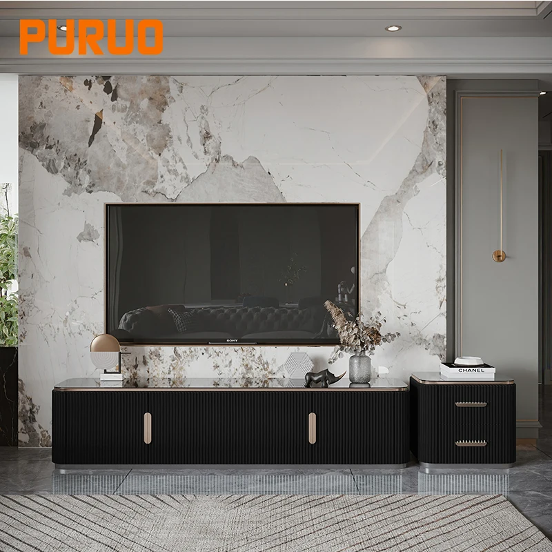 PURUO luxury wall glass wooden mdf marble gold cheap tv cabinet tv stand living room furniture