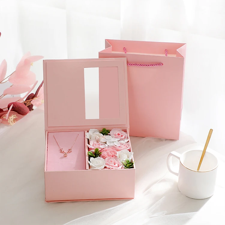 Customization Package Design Paper Gift Magnetic Box Black Pink Flower Rose Box With Window Packing