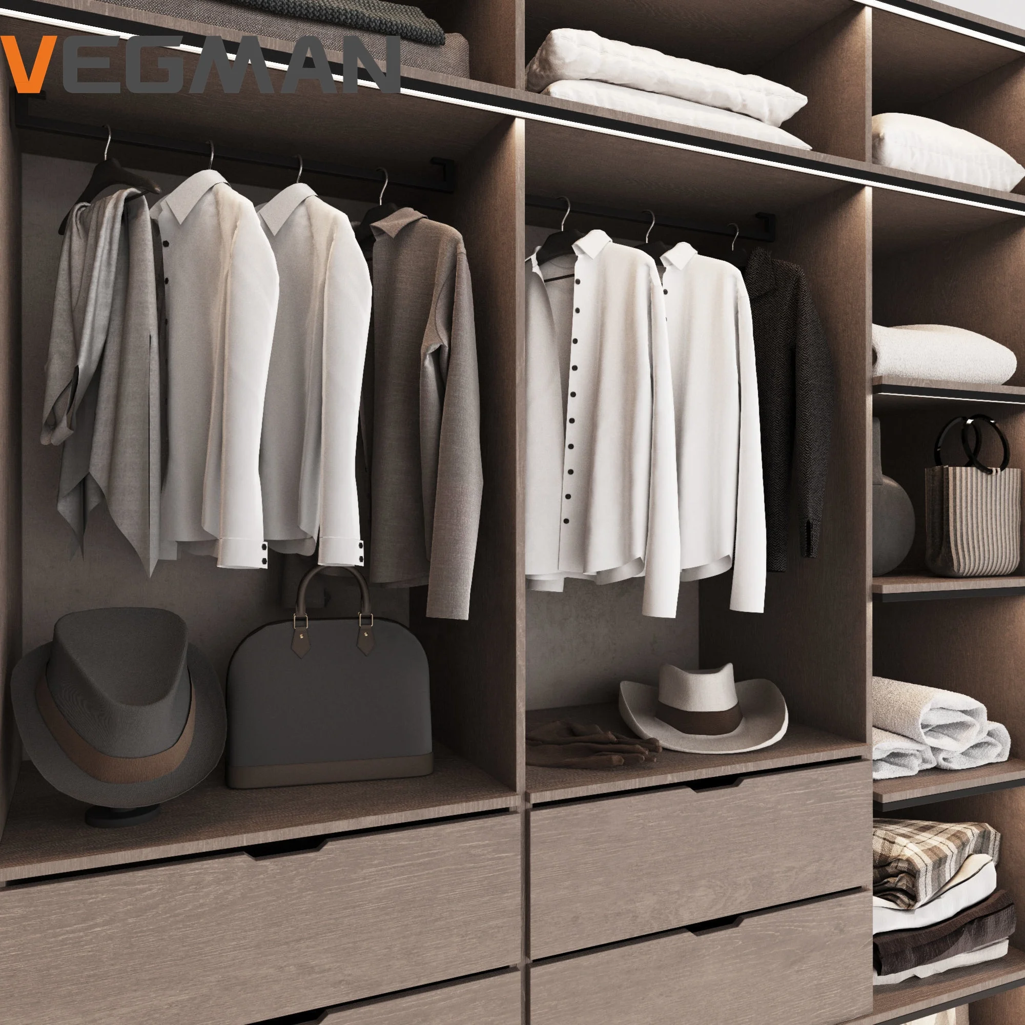 European Style Custom L Shape Brown Bedroom Wooden Panel Walk In Wardrobe Closet