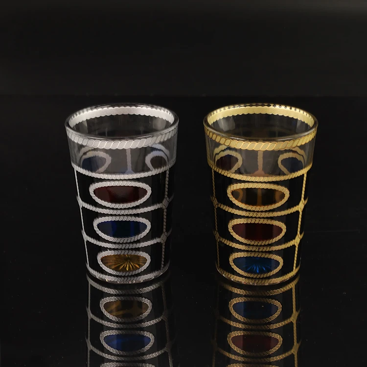 12pcs 6OZ glass tumbler Moroccan Silver And Gold Decal Glass TeaCup Tumbler Turkish tea cup