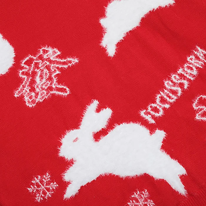 Original design rabbit print embroidery sweater crew neck lazy style pullover couple outfit loose knitted sweater for men