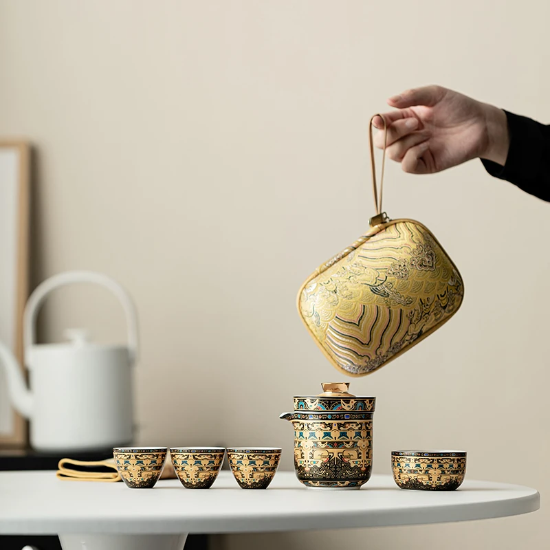 Retro Ceramic Thangka Travel Tea Set Portable Quick Cup Filter with Pot and Four Cups for Car Outdoors