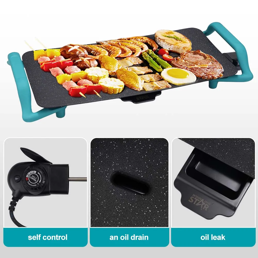 WINNING STAR ST-9761 1600W Die-Cast Aluminum Plate Non-Stick Coating Smokeless Grill Electric Griddle with Adjustable Thermostat