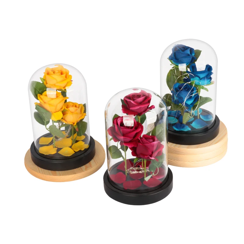 china wholesale good price handmade eternal rose with led lights artificial a preserved red flower forever roses in glass dome