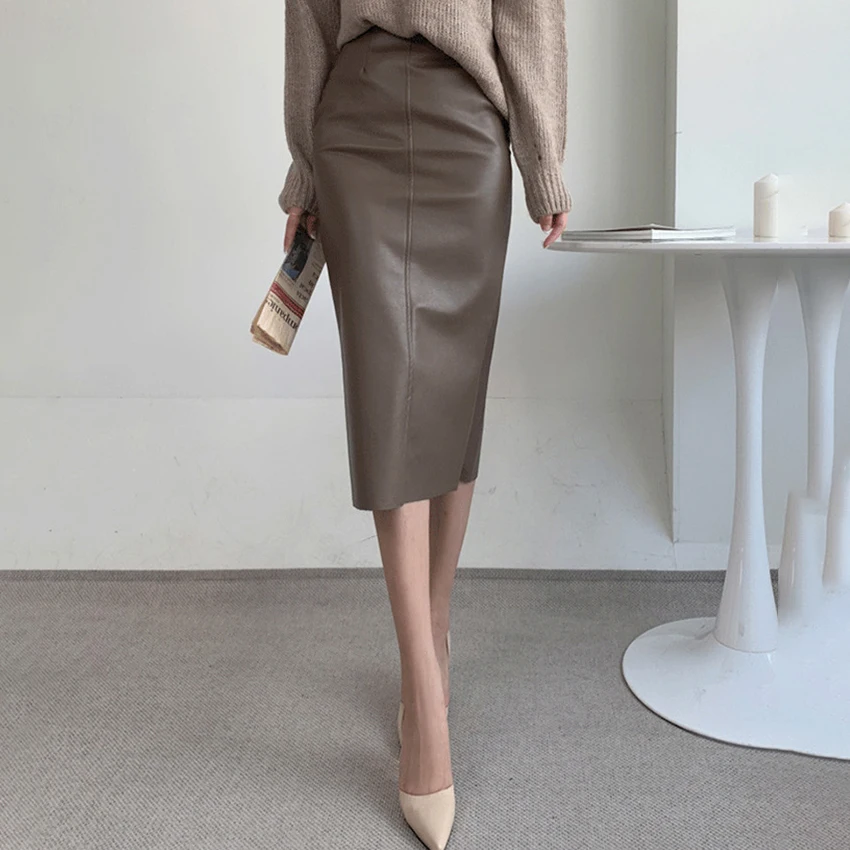 OOTN Elegant Black High-Waist Straight Midi Skirt For Women Autumn Winter Street Chic With Slit Leather Skirts Female 2024