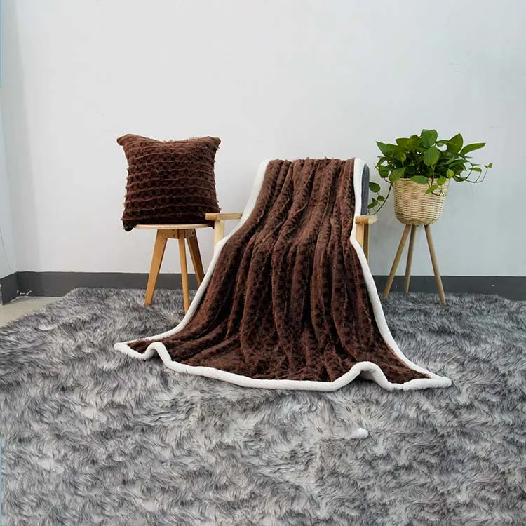 Fluffy Multi Color Plaid Pattern Double SIded Custom 100% Polyester Check Faux Rabbit Fur Blanket