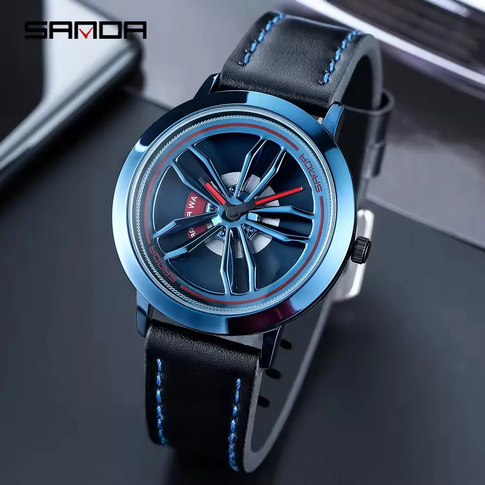 Sanda Rotating Car Wheel Dial Sports Watch Quartz Wristwatch Men Stainless Steel Case Leather Band Watch Relogio Masculino 1010