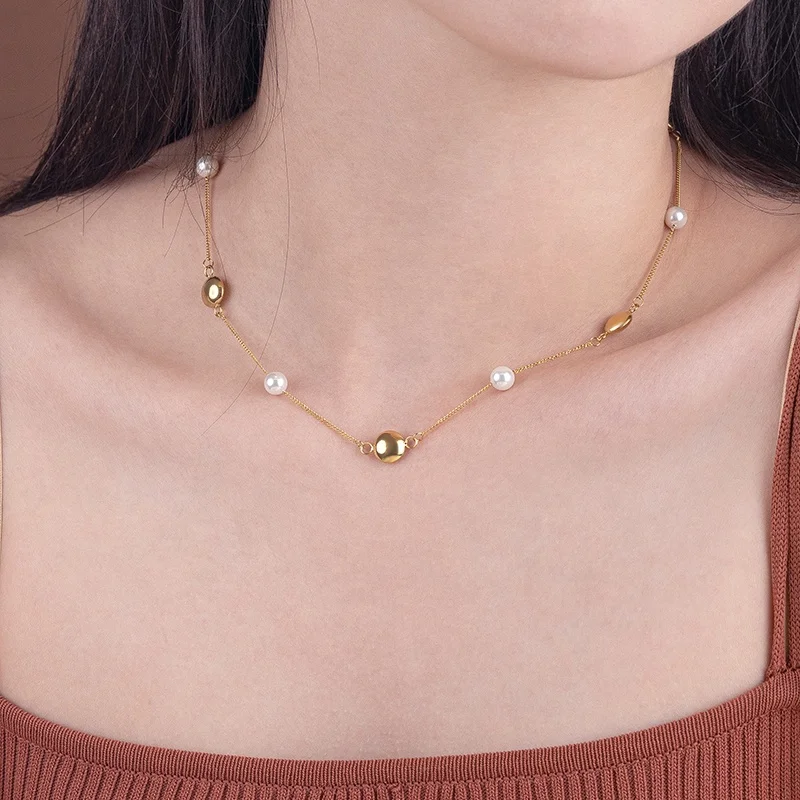 Minimalist Jewelry Stainless Steel 18K Gold Shell Pearl Satellite Chain Necklace For Women