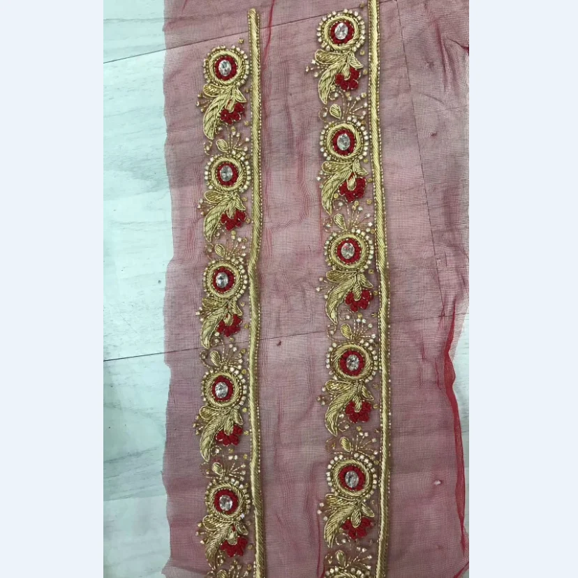 Индия ручной работы Zardozi каменный дизайн Слитная проволока аппликация 3d тюль сетка с блестками Золотая кружевная