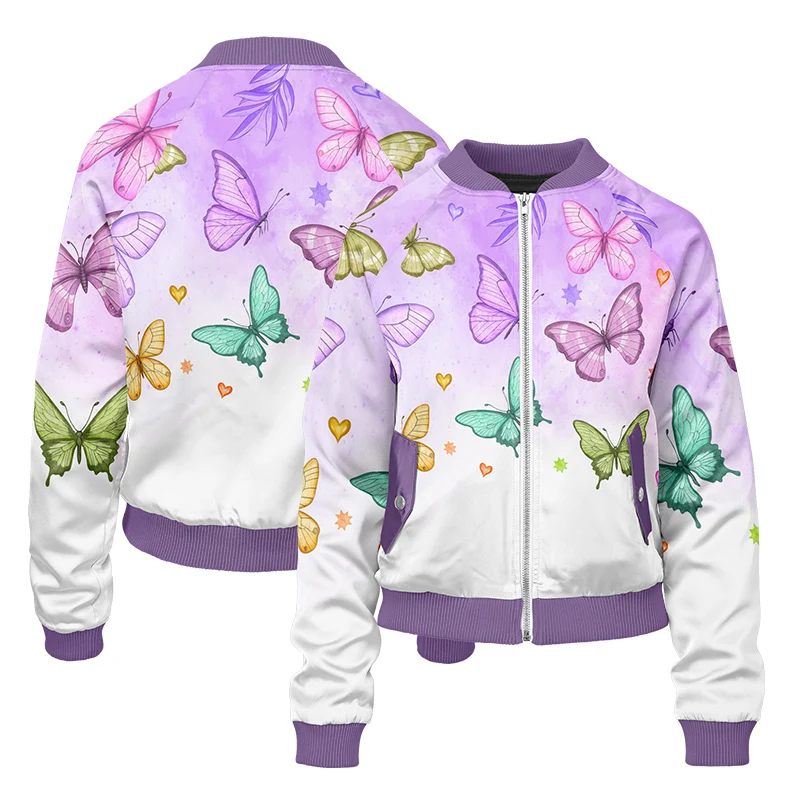 Bomber Jacket OEM Customized Design Fashion Butterfly Pattern Fall Zipper Jacket High Quality Sublimation Jacket