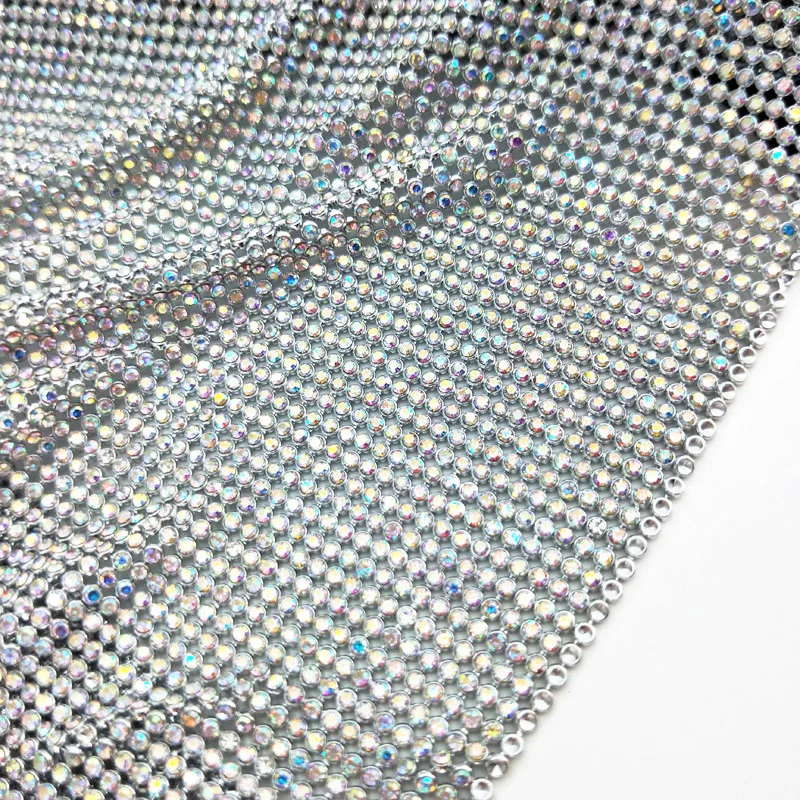 2MM Fashion Sparkling Silver Aluminum Metal Rhinestone Sheet Crystal Mesh Fabric For Garment Bags DIY