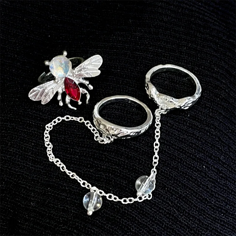 JUHU 2022 Cute Two-piece combination niche design small bee shape open ring simple pearl tassel alloy tide ring