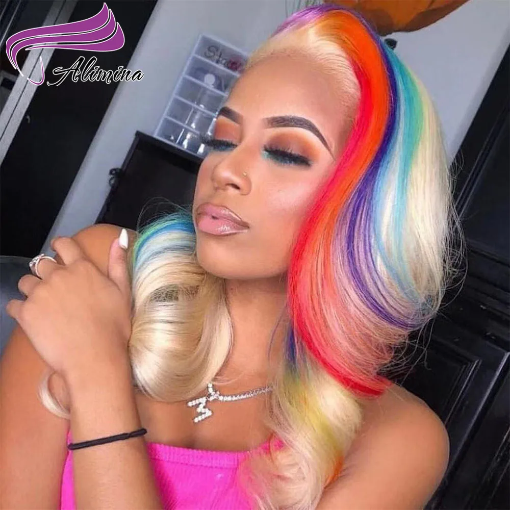 Alimina Colored Lace Front Wigs Human Hair,Ombre Pink 613 Blonde Lace Front Human Hair Wigs,Transparent Lace Wigs Remy Rainbow