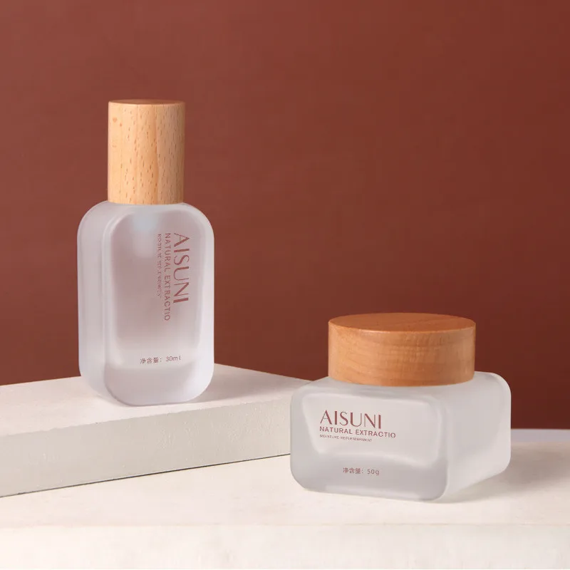 50ml 120ml Square Frosted Glass Pump Bottle 50g Facial Cream Jar With Wooden Cap Skincare Bottle With Wood Lid