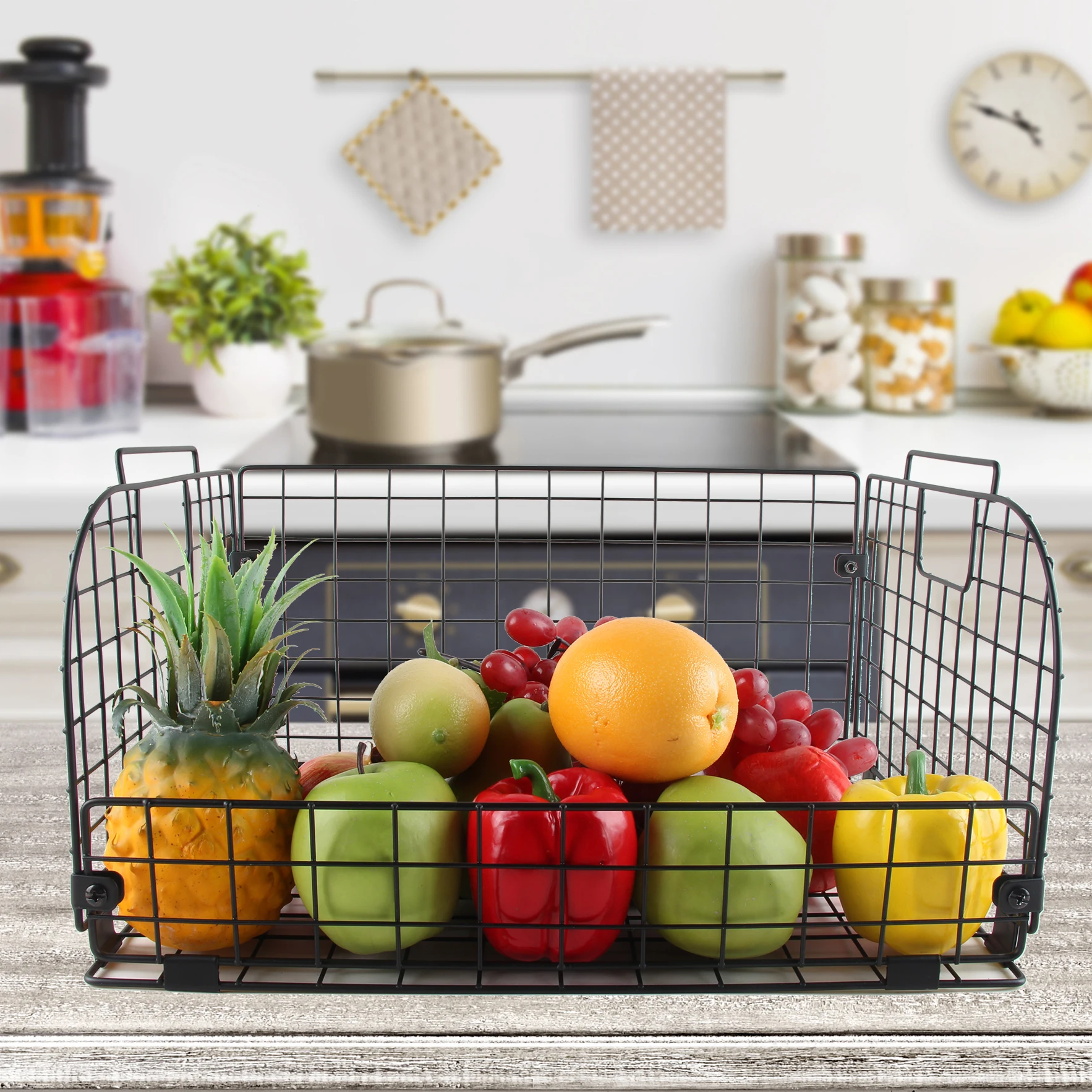 Foldable Metal Stacking Open Front Vegetable Collapsible Stackable Black Iron Wire Fruit Storage Basket