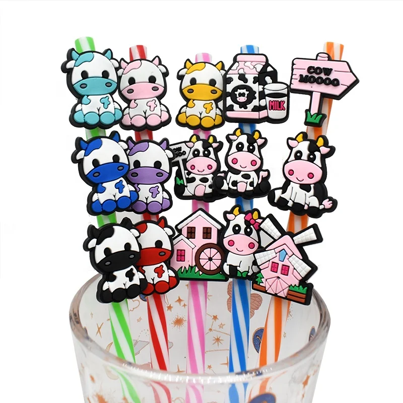 8mm Wholesale Reusable Custom Funny Frog Straw Charms for Tumbers Milk Cow Silicone Toppers Cute Animal