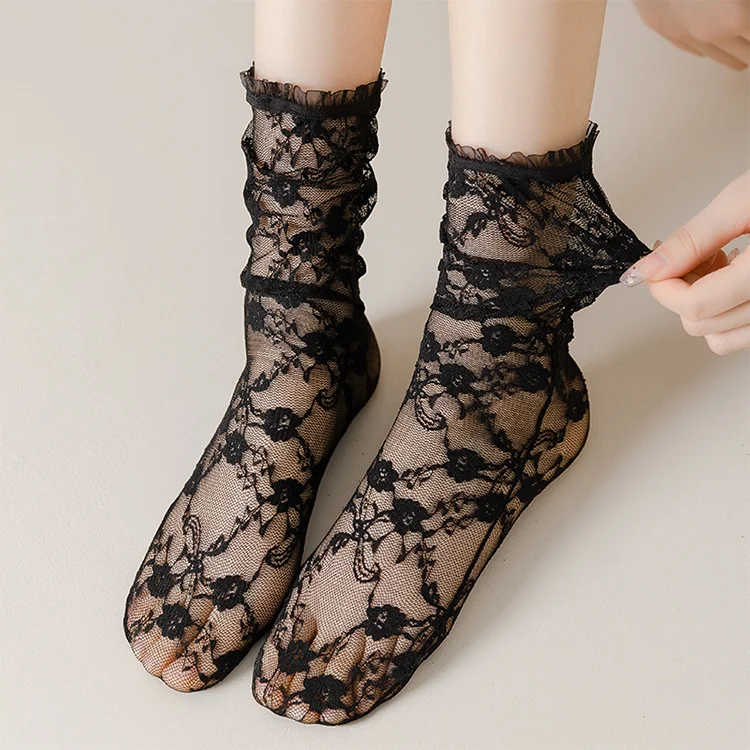Women Lace Mesh Black White Cotton Socks Japanese Maiden Lovely Short Socks Harajuku Frilly Sexy Princess Socks