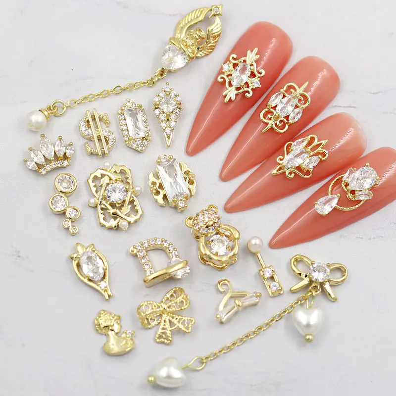 Nails Art Zircon Gold Metal Nails Designers Charms Luxury Flexible Press On Alloy 3d Mixed Nail Art Accessories