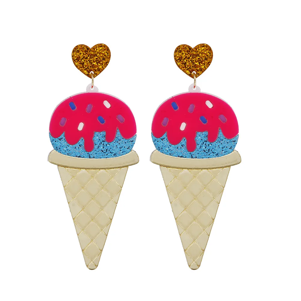 Cartoon Lovely Dessert Resin Earrings Gold Shiny Spot Ice Cream Shell Heart Pink Blue Chocolate Ice Sucker Acrylic Drop Earrings
