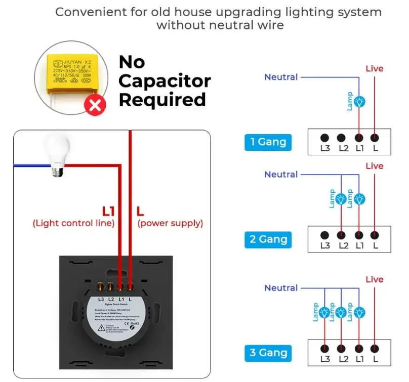 TYSH No Neutral&neutral Tuya Wifi Switch Wall Light Control System 1/2/3/4 Gang Wall Smart Switch For Hotel/home With Alexa Goog