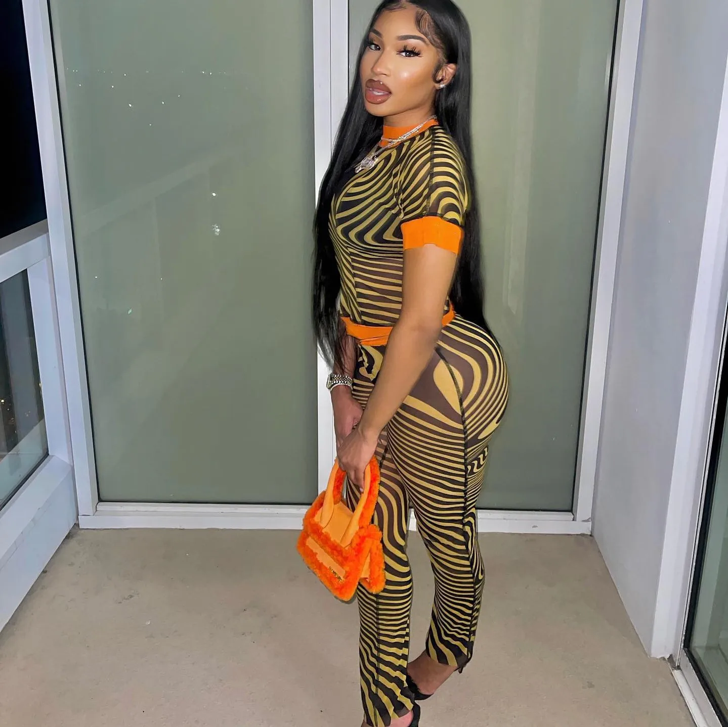 Summer Womens Clothing Perspective Zebra Stripe Print Matching Short Sleeve 2pc Cropped Top Outfits Two Piece Pants Set