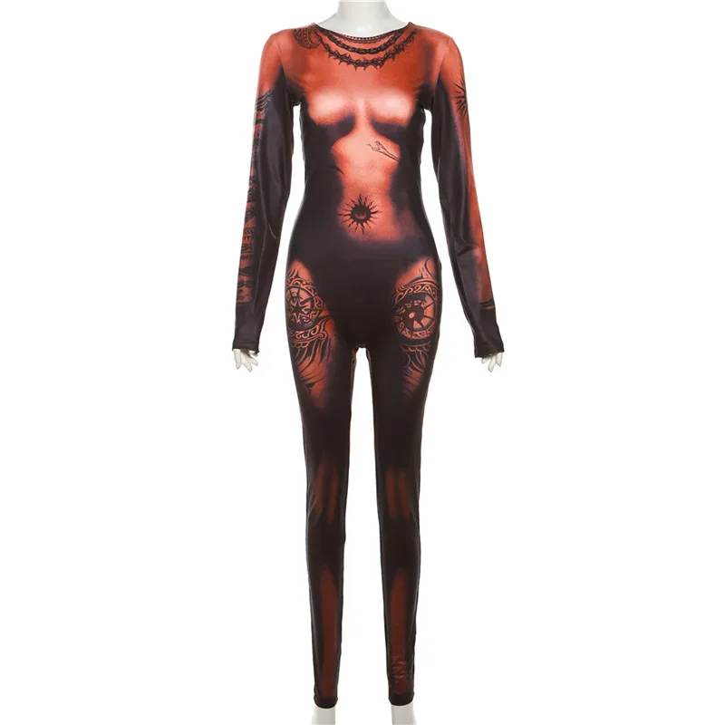 2024 Spring Fall Women Streetwear Fashion Ladies High Waist Long Sleeve Club Sexy 3D Africa Print Body Bodysuit Jumpsuit