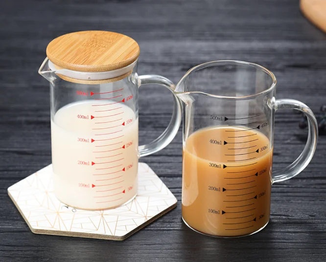 350 Ml 500 1000 Borosilicate Glass Milk Cup Measuring With Spout and Insulated Handle
