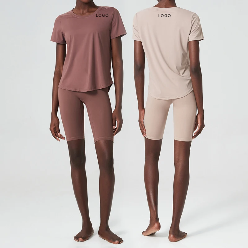 2pcs New Style Ly-Cra Elastic Butt Lift loose t-shirts de mujer wear Naked women suits Leisure Gym Shorts tshirts Yoga Sets